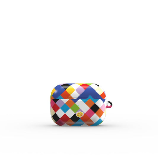 Coque AirPods motif arlequin multicolore, vue fermée