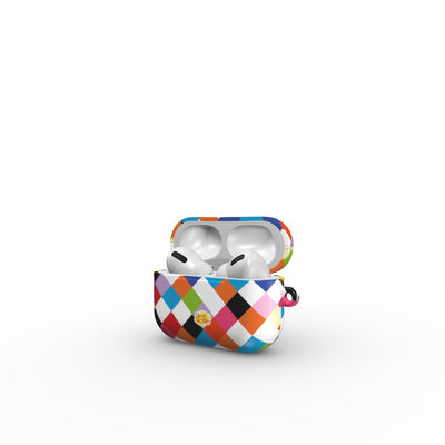Coque AirPods motif arlequin multicolore, vue ouverte