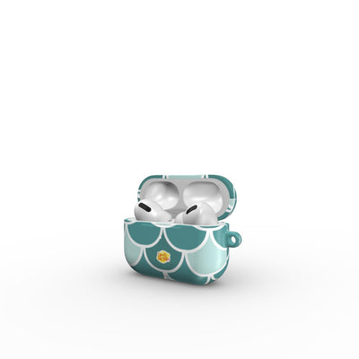 Coque AirPods motif écailles vert, vue ouverte