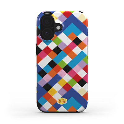 Coque antichoc iPhone arlequin multicolore, vue de face