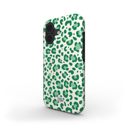Coque antichoc iPhone léopard vert, vue trois quarts