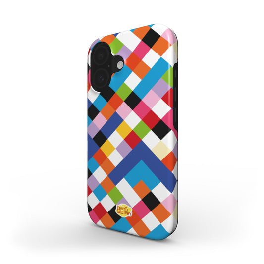 Coque antichoc MagSafe iPhone arlequin multicolore, vue trois quarts