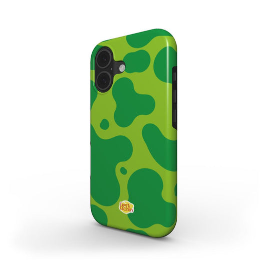 Coque antichoc MagSafe iPhone dinosaure vert, vue trois quarts