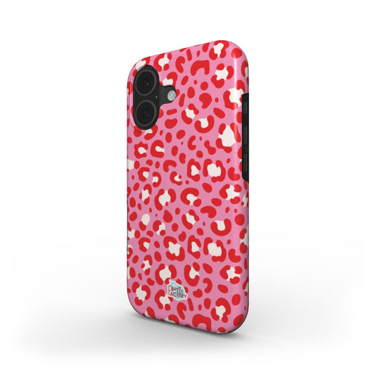 Coque antichoc MagSafe iPhone léopard rose, vue trois quarts