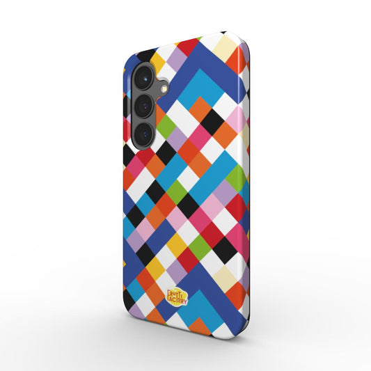 Coque antichoc Samsung Galaxy arlequin multicolore, vue trois quarts