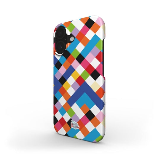 Coque fine et légère iPhone arlequin multicolore, vue trois quarts