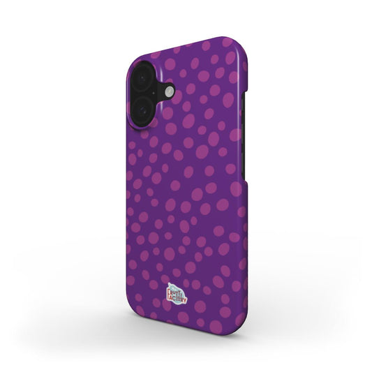 Coque fine et légère iPhone dalmatien violet, vue trois quarts