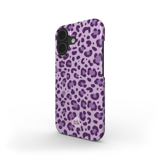Coque fine et légère iPhone léopard mauve, vue trois quarts