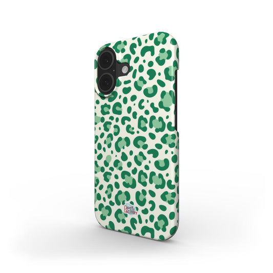 Coque fine et légère iPhone léopard vert, vue trois quarts