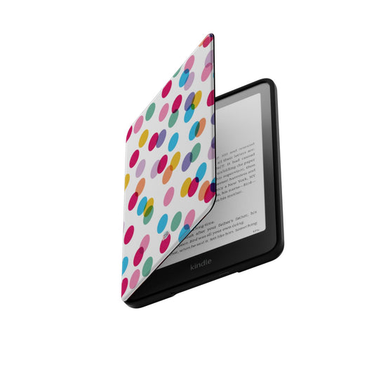 Coque Kindle motif confettis blanc, rabat ouvert laissant apparaître la liseuse Kindle