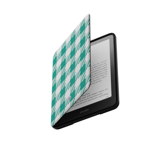 Coque Kindle motif néo-carreau Vichy menthe, rabat ouvert laissant apparaître la liseuse Kindle