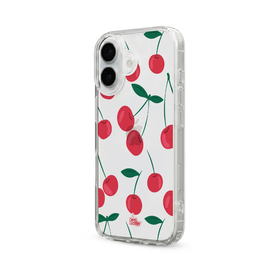 Coque transparente iPhone cerise rouge, vue trois quarts
