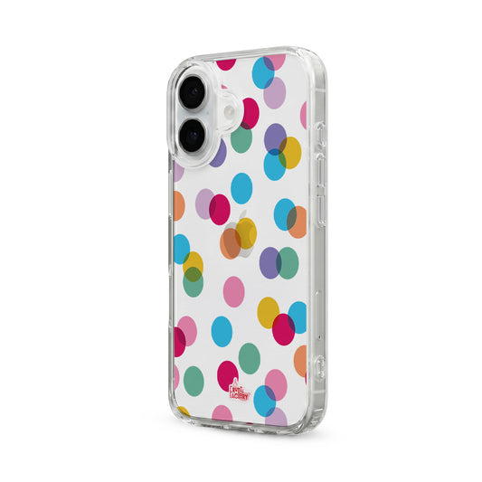 Coque transparente iPhone confettis multicolore, vue trois quarts