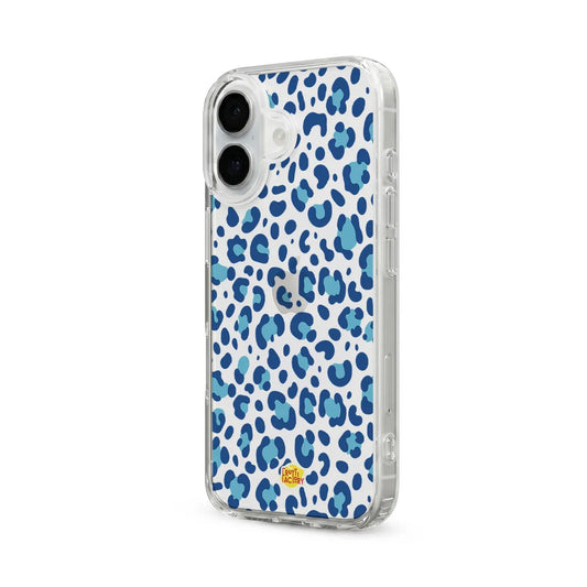 Coque transparente iPhone léopard bleu, vue trois quarts