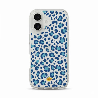 Coque transparente iPhone léopard bleu, vue de face