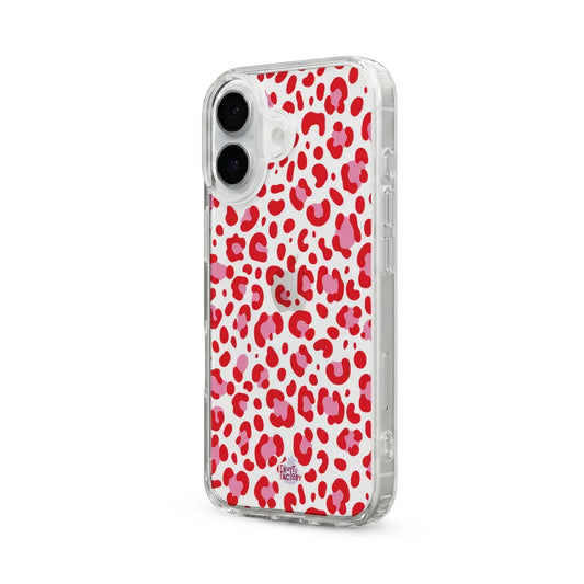 Coque transparente iPhone léopard rose, vue trois quarts