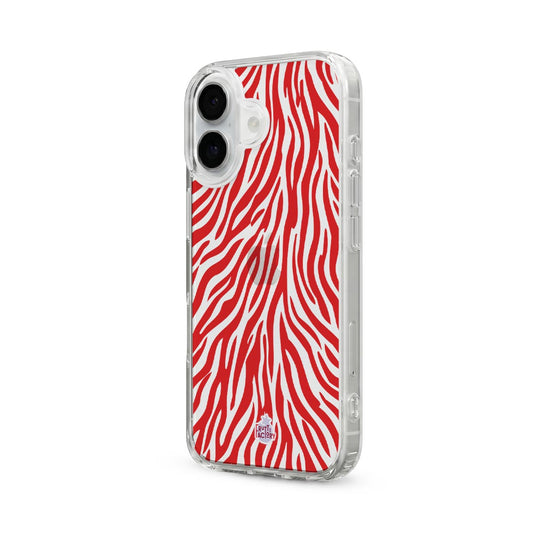 Coque transparente iPhone zèbre rouge, vue trois quarts