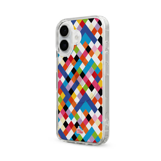 Coque transparente MagSafe iPhone arlequin multicolore, vue trois quarts