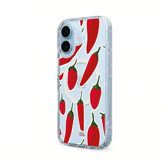 Coque transparente MagSafe iPhone piment rouge, vue trois quarts