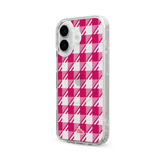 Coque transparente MagSafe iPhone Vichy rose, vue trois quarts