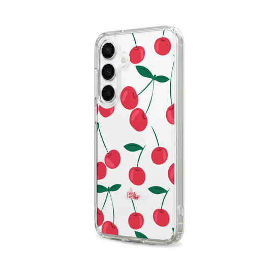 Coque transparente Samsung Galaxy cerise rouge, vue trois quarts