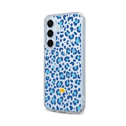 Coque transparente Samsung Galaxy léopard bleu, vue trois quarts