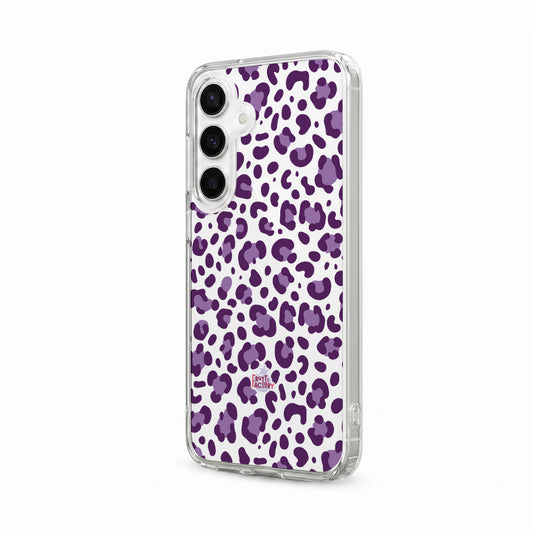 Coque transparente Samsung Galaxy léopard mauve, vue trois quarts