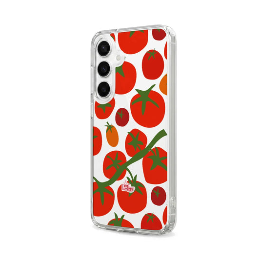 Coque transparente Samsung Galaxy tomate rouge, vue trois quarts