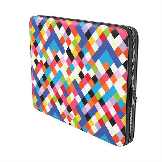 Housse ordinateur portable motif arlequin multicolore, vue trois quarts