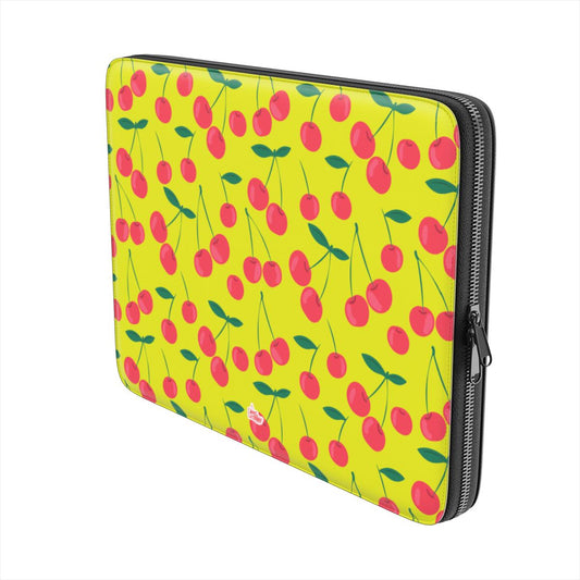 Housse ordinateur portable motif cerise vert, vue trois quarts