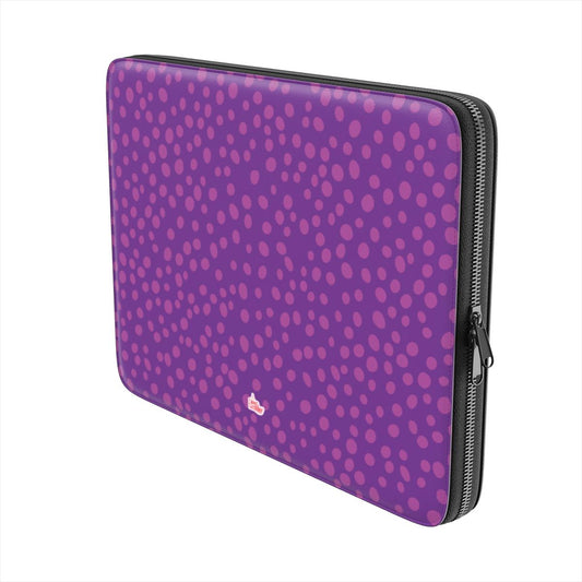 Housse ordinateur portable motif dalmatien violet, vue trois quarts