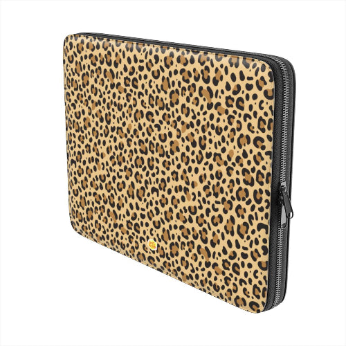Housse ordinateur portable motif léopard brun, vue trois quarts