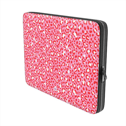 Housse ordinateur portable motif léopard rose, vue trois quarts