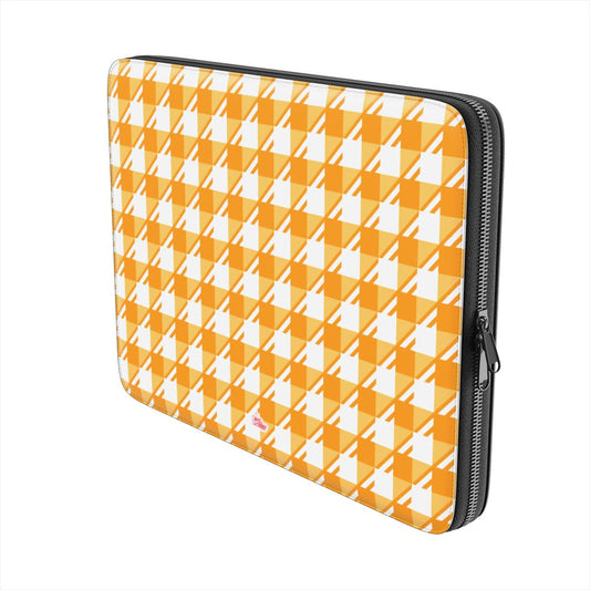 Housse ordinateur portable motif néo-carreau Vichy orange, vue trois quarts