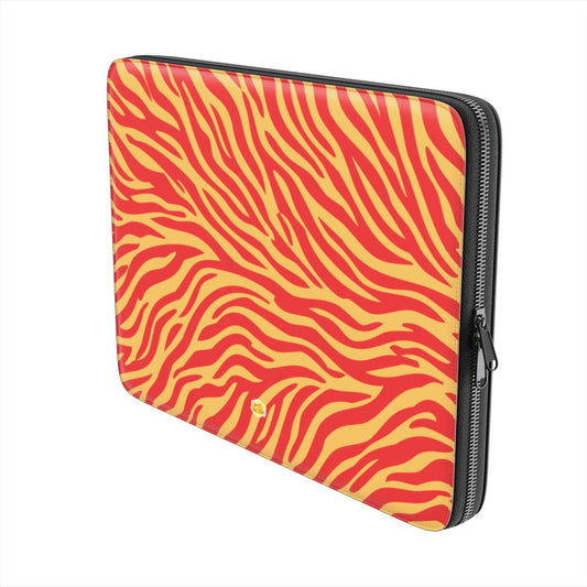 Housse ordinateur portable motif zèbre orange, vue trois quarts
