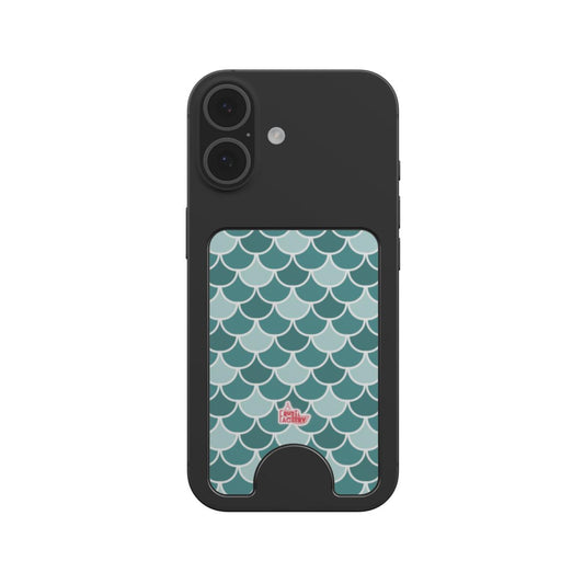 Porte-cartes magnétique écailles verte, fixé au dos d'un téléphone