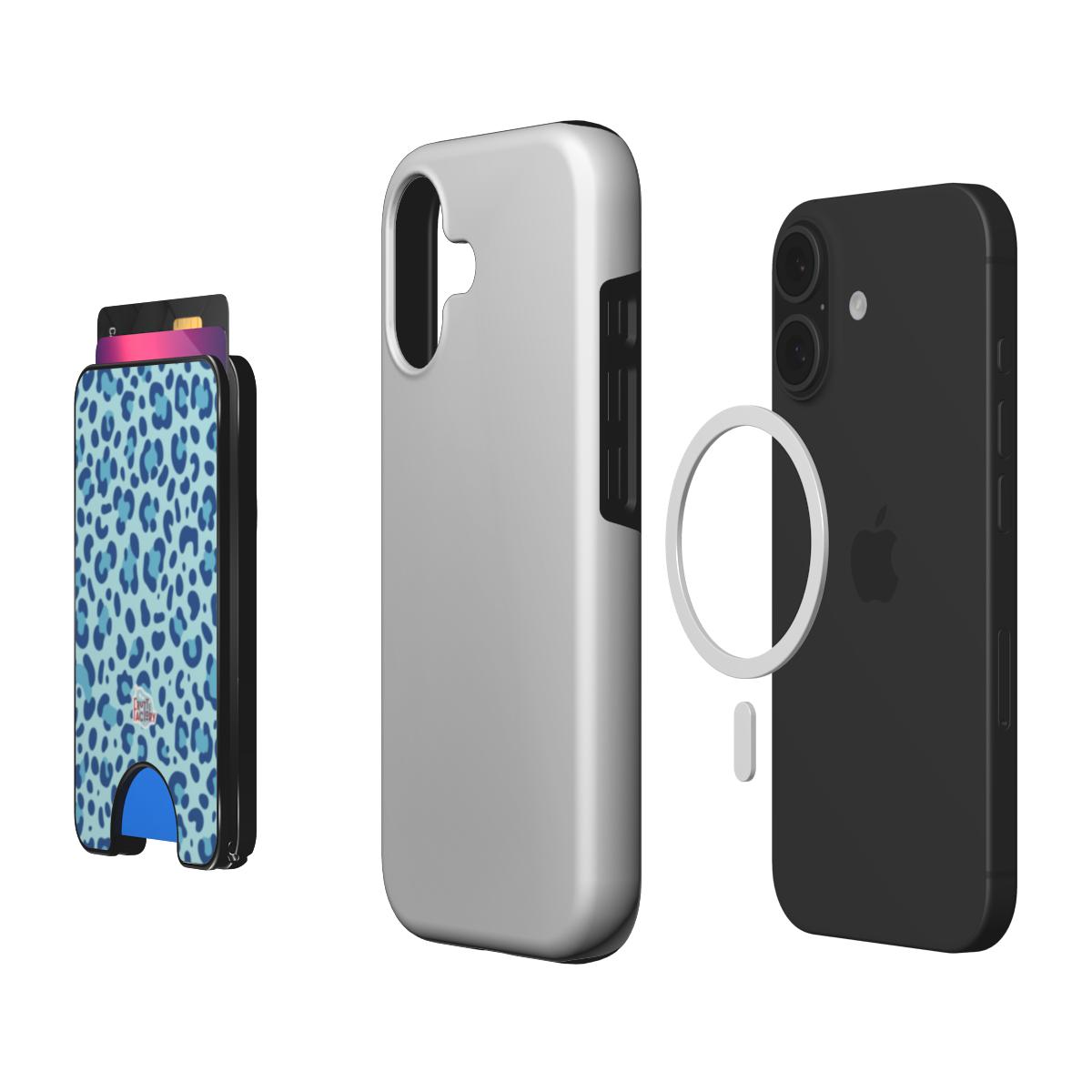 Porte-cartes magnétique léopard bleue, compatible avec coque de téléphone et chargeur MagSafe