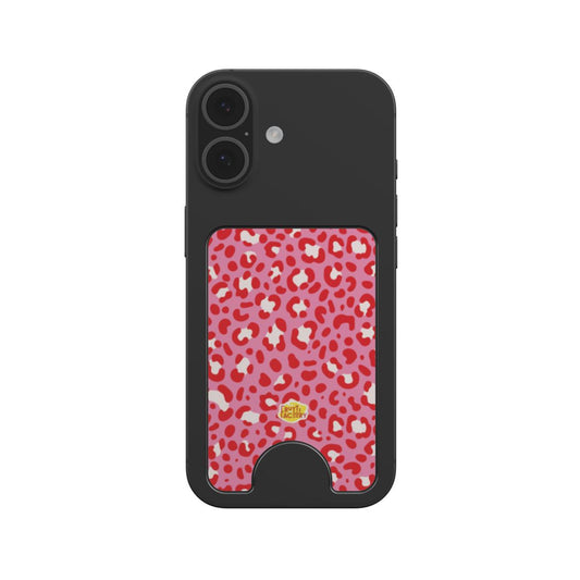 Porte-cartes magnétique léopard rose, fixé au dos d'un téléphone