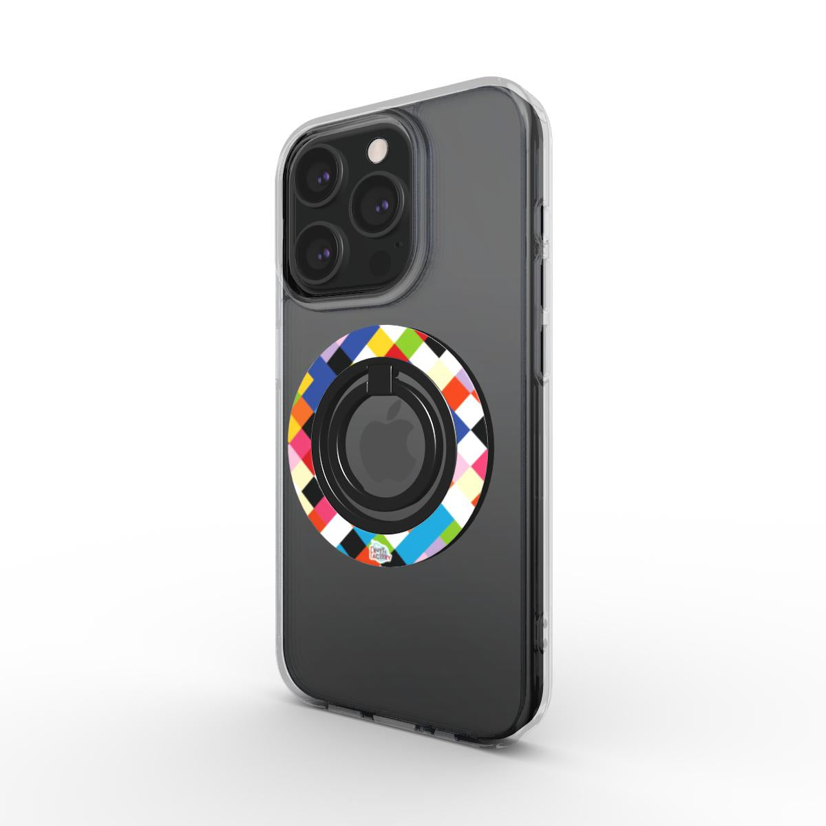 Bague de téléphone magnétique motif arlequin multicolore, vue trois quarts
