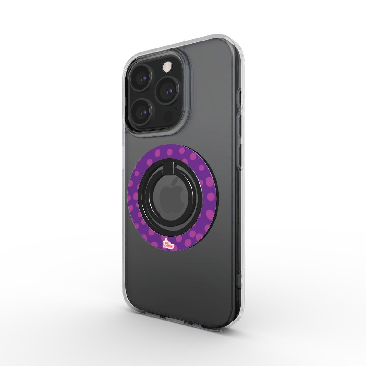 Bague de téléphone magnétique motif dalmatien violet, vue trois quarts