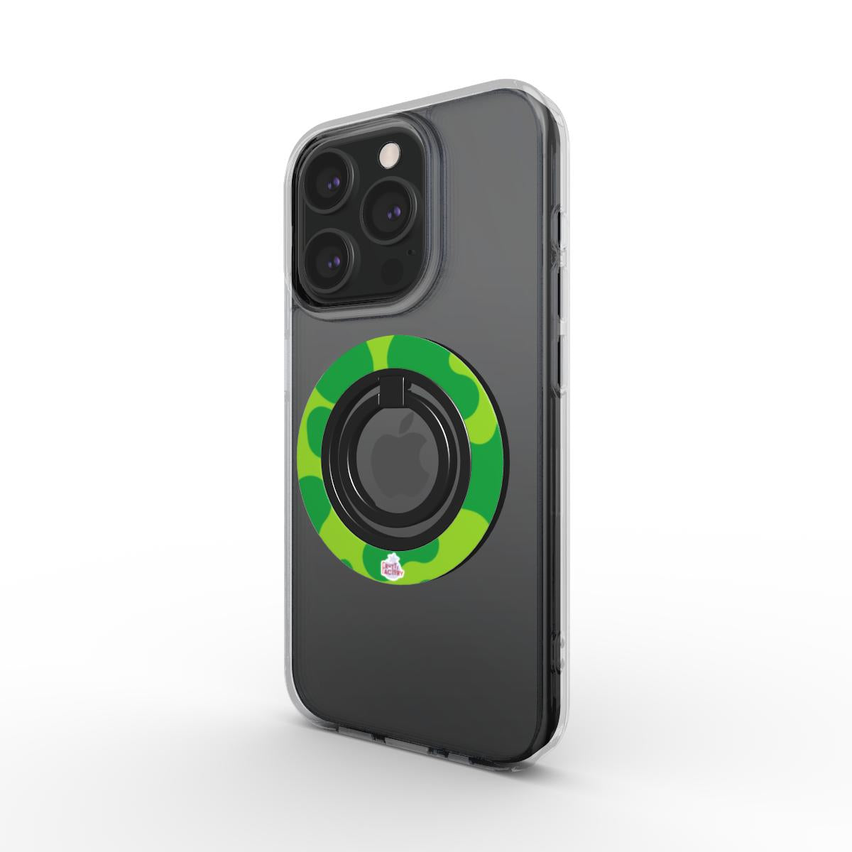 Bague de téléphone magnétique motif dinosaure vert, vue trois quarts