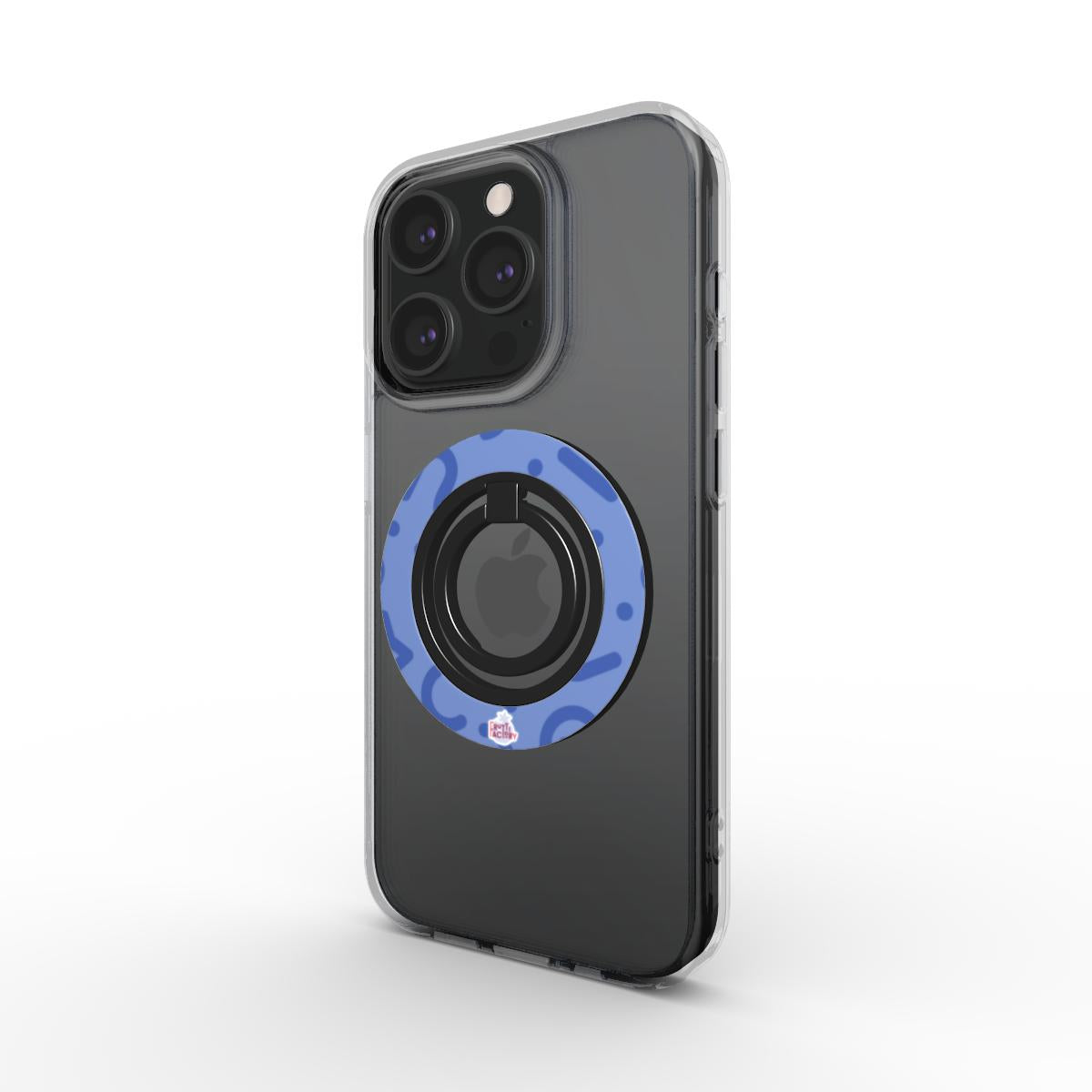 Bague de téléphone magnétique motif tortillon bleu, vue trois quarts