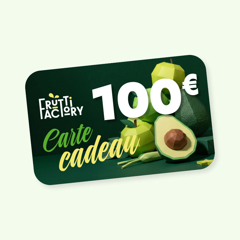 Carte cadeau Frutti Factory 100 euros, fruits verts en papier sur fond vert sapin