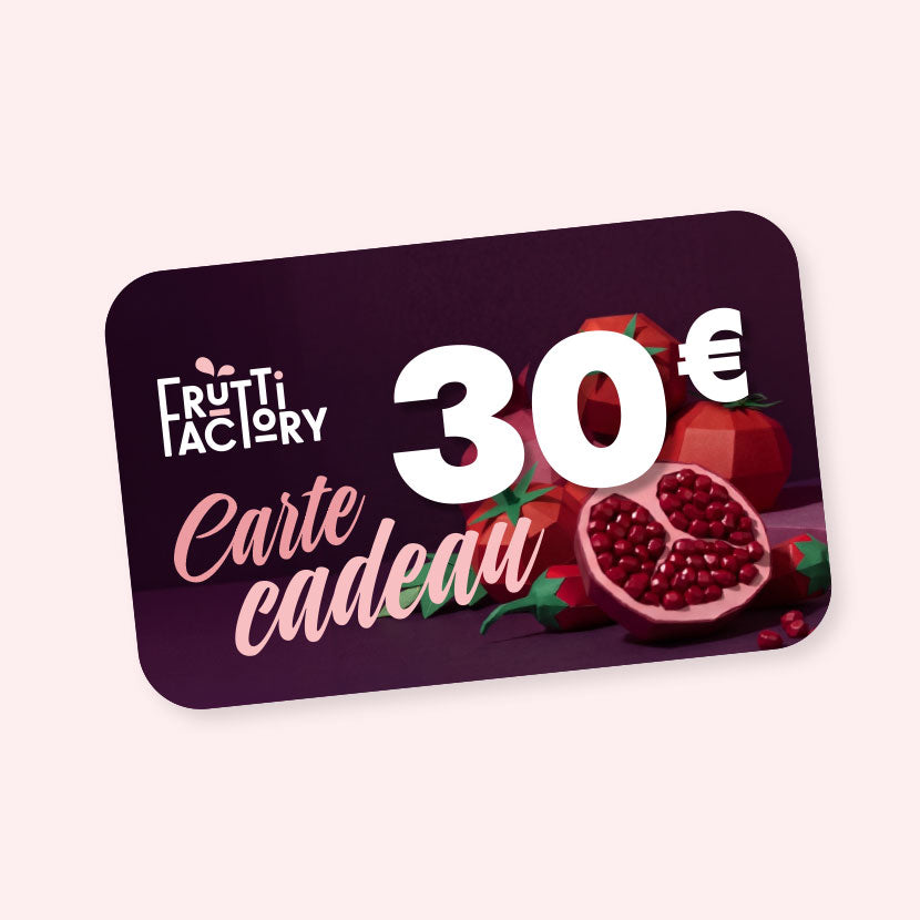 Carte cadeau Frutti Factory 30 euros, fruits en papier sur fond prune