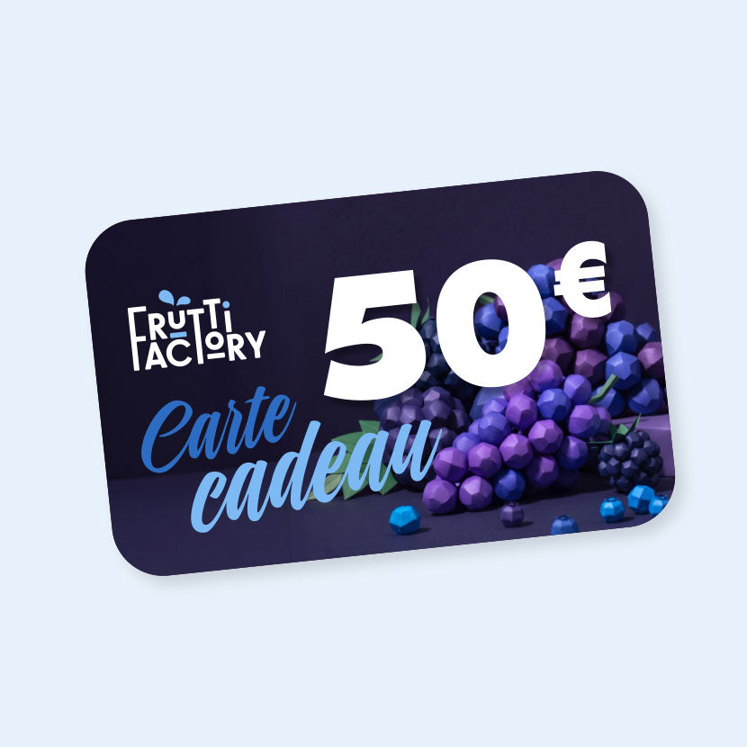 Carte cadeau Frutti Factory 50 euros, fruits bleus en papier sur fond bleu nuit