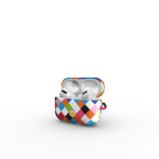 Coque AirPods motif arlequin multicolore, vue ouverte