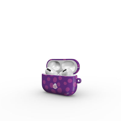 Coque AirPods motif dalmatien violet, vue ouverte