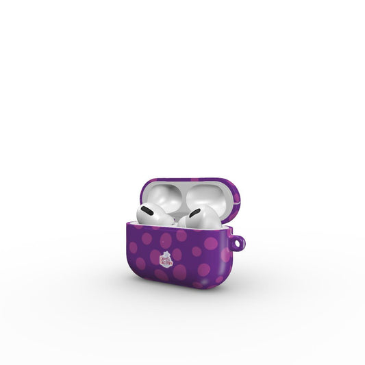 Coque AirPods motif dalmatien violet, vue ouverte
