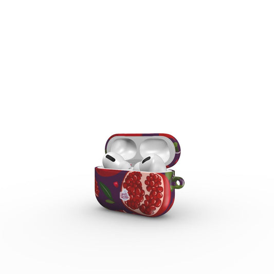 Coque AirPods motif grenade violet, vue ouverte