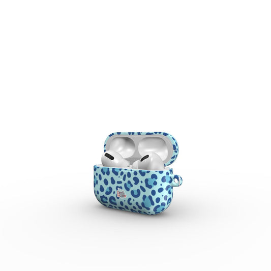 Coque AirPods motif léopard bleu, vue ouverte